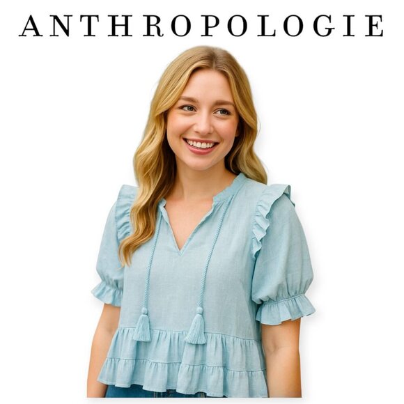 100% Cotton Icy Blue Tasseled Blouse by Anthropologie size S - Picture 1 of 8